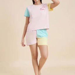 Sweet Dreams Baby Pink Cotton Color-Block T-Shirt Shorts Set-picture-47