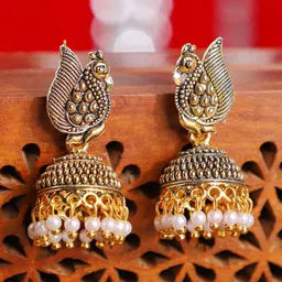 ANIKAS CREATION Gold-Toned Peacock Shaped Jhumkas-picture-41