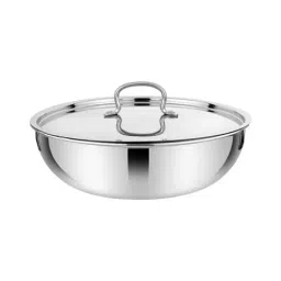 Prabha Stainless Steel Silver Prima Tasla with Flat Bottom, Included Lid, Tasla, 28cm, 4.3 L-image-93
