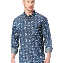Basics Blue Cotton Slim Fit Printed Shirt-picture-38