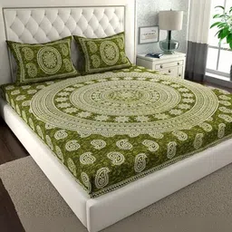 KD PRINTS Green & White Ethnic Motifs 180 TC King Bedsheet with 2 Pillow Covers-picture-32