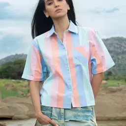 Pinacolada Blue Cotton Regular Fit Striped Shirt-image-42