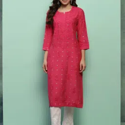 House of Chikankari Chanderi Solid Women'S Long Kurta - Magenta-picture-14