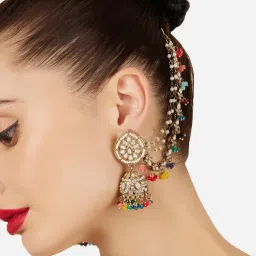 Zaveri Pearls Multi-Color Beads Stones Antique Attached Ear Chain Jhumka Earrings-picture-30