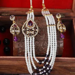 ANIKAS CREATION  White & Purple Gold-Plated Beaded Multi-Stranded Jewellery Set-image-10