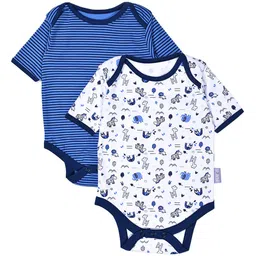MiArcus Boys Blue & White Set of 2 Printed Knitted Rompers-picture-26