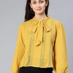 Oxolloxo  Women Pure cotton Mustard Yellow Tie-Up Neck Top-picture-38