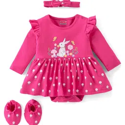 Babyhug 100% Cotton Full Sleeves Onesie with Hairband & Booties Bunny Print - Pink-picture-14