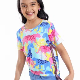 Pine Kids Cotton Half Sleeves Top with Side Tape & Cheetah Print - Limpet Shell-picture-27