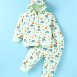 Doreme Full Sleeves Hooded Front Open Winter Wear Co-Ord Set With Tropical Theme & Elephants Print - Light Green-image-4