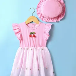 Kookie Kids Cotton Knit Frill Sleeves Frockstyle Onesie with Cap & Cherry Applique and Embroidery - Pink-image-70