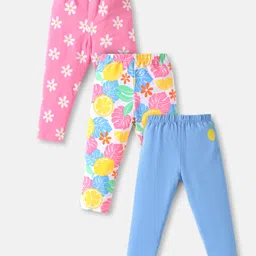 Babyhug Cotton Lycra Full Length Skinny Fit Leggings with Stretch Floral & Leafy Print Pack of 3 - Pink Blue & White-picture-28