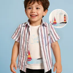 Babyhug 100% Cotton Half Sleeves Striped Shirt With Sleeveless Nautical Theme Printed T-Shirt - Red Blue & White-picture-15