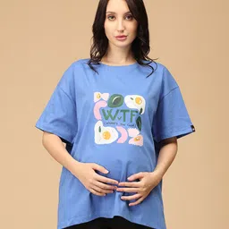 The Mom Store Cotton Half Sleeves Wheres The Food Text Printed Oversized Maternity Tee - Blue-picture-25