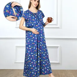 Bella Mama Cotton Knit Half Sleeves Concealed Zipper Floral Printed Nighty - Blue-image-37