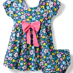 Babyhug Single Jersey Knit Half Sleeves Frock & Bloomer with Floral Print & Bow Applique - Navy Blue image 1