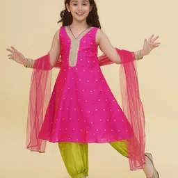 Bitiya By Bhama Silk Woven Sleeveless Abstract Foil Printed Lace & Sequins Embellished Kurta Salwar With Dupatta Set - Pink-picture-10