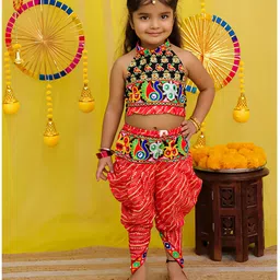 Bownbee Pure Cotton Woven Navratri Theme Sleeveless Peacock Embroidered Choli & Dhoti Costume Set - Multi Colour-picture-31