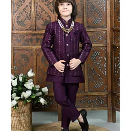 Ahhaaaa Viscose Woven Full Sleeves Sequin Embellished Chevron Embroidered Sherwani With Pant Set - Wine-picture-17