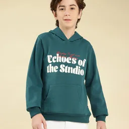 Lil Tomatoes Fleece Knit Full Sleeves Echoes Of The Studio Text Printed Hooded Winter Sweatshirt - Teal-picture-12