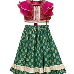 Twisha Brocade Woven Sleeveless Floral Printed Gota Lace Embellished Lehenga Choli Set - Pink & Green-image-72