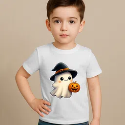 BLUSHES 100% Cotton Knit Halloween Theme Half Sleeves Poltergeist With Spooky Pumpkin Printed Tee - White-picture-11