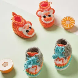 MayRa Knits Hand Knitted Woven Pack Of 2 Teddy & M Text Applique Detailed Booties - Grey & Orange-image-6