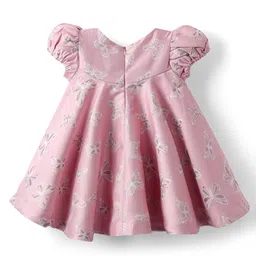 Babyoye Woven Half Sleeves Butterfly Printed Pleated Party Dress With Bow Applique - Pink image 2