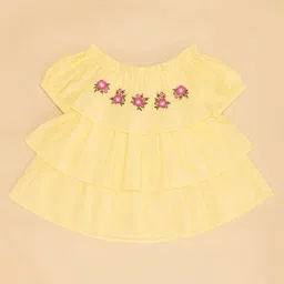 YU by Pantaloons Cotton Off Shoulder Half Sleeves Floral & Swiss Dot Embroidered Top - Yellow image 4