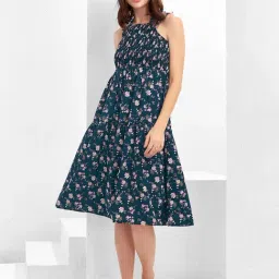 SELVIA Blue Floral Print Fit & Flare Dress-image-12