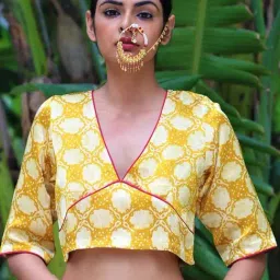Chidiyaa Yellow Blockprinted Mashru Silk Blouse-picture-46