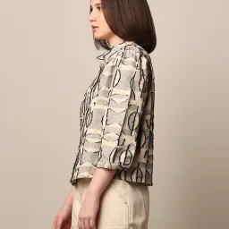 Only Beige & Black Cotton Self design Shirt image 3