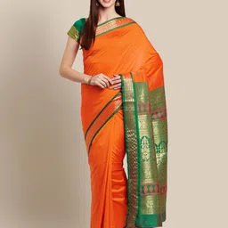 Chhabra 555 Orange & Green Art Silk Solid Kanjeevaram Saree-image-85