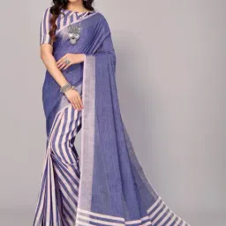 Satrani Blue Striped Saree With Unstitched Blouse-image-10