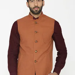 Wintage Men Rust Orange Woven Design Nehru Jacket-image-22