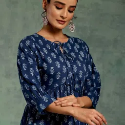 Libas Blue Cotton Printed A Line Kurti image 4