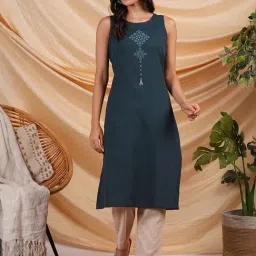 Kami Kubi Blue Cotton Printed Straight Kurta-image-1