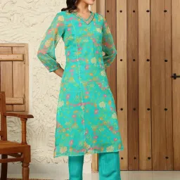 W Blue Cotton Printed A Line Kurta image 4