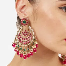 Zaveri Pearls Rani Pink and Green Stones Beads Antique Chandbali Earrings-image-4