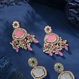Zaveri Pearls Set of 2 Green & Pink Kundan Stones Traditional Drop Earring-ZPFK16872-image-92