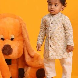 VASTRAMAY Boys Beige & White Printed Full Sleeves Kurta Sets-picture-20