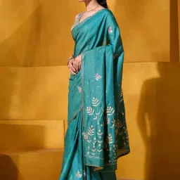 Taneira Turquoise Embroidered Saree With Unstitched Blouse-picture-12