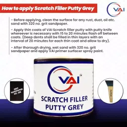 VAI Spray Paint Can New Silky Silver and Gloss Clear 225 ml Can Each for Maruti Suzuki Cars with Scratch Filler Putty Grey 200 g, 1 Putty Abrasion Tool and 320 Grits Sandpaper image 5