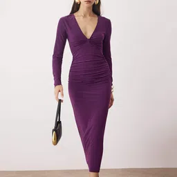 Trendyol Women V-Neck Ruched Bodycon Midi Dress-image-79