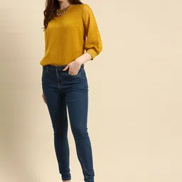all about you Mustard Yellow Self-Design Round Neck Top image 4