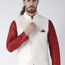 DEYANN Men Off White Solid Dupion Silk Woven Nehru Jacket-picture-17