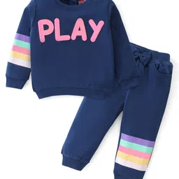 Babyhug 100% Cotton Knit Full Sleeves Top & Lounge Pant With Text Print - Blue-picture-13