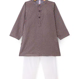Babyhug 100% Cotton Woven Full Sleeves Kurta & Pyjama Set With Abstract Print - Brown & White-image-1