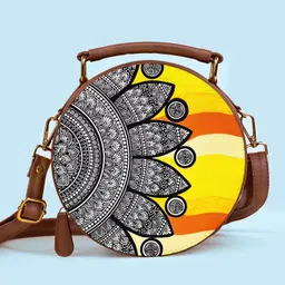 Kalankit Sling Bags For Women | With Adjustable Strap | Crossbody Shoulder Sling Round Box | Mandala | Yellow-image-3