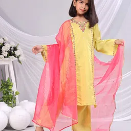 misbis Silk blend Full Sleeves Floral Embroidered & Sequin Embellished Kurta Set With Dupatta-Yellow-picture-20